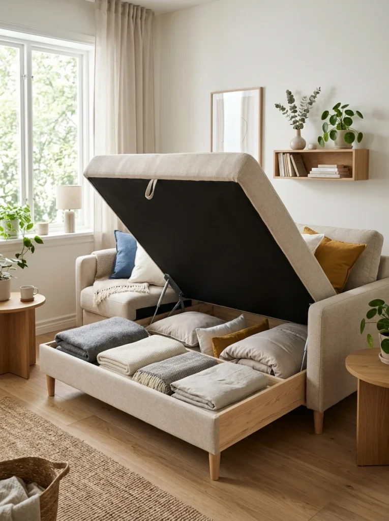 Convertible sofa with hidden storage for blankets and pillows.