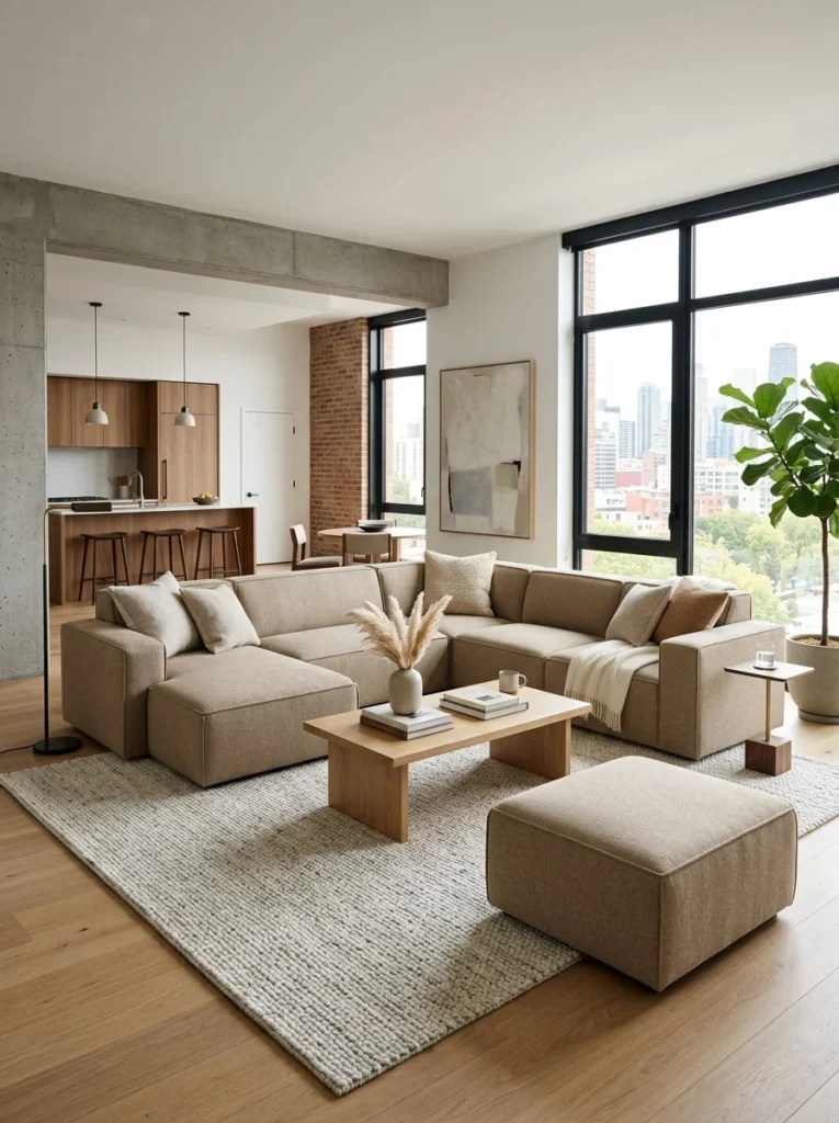 Flexible modular sectional sofa in a modern open-plan living room.