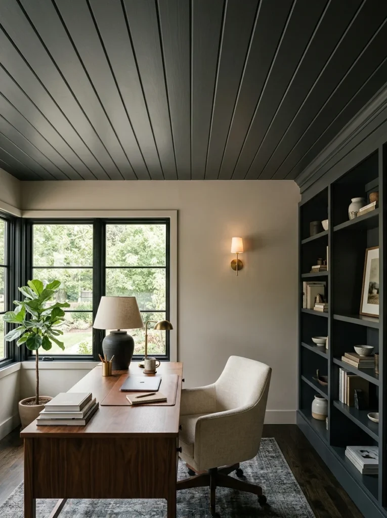Dark charcoal shiplap ceiling creating a dramatic look in a well-lit home office.