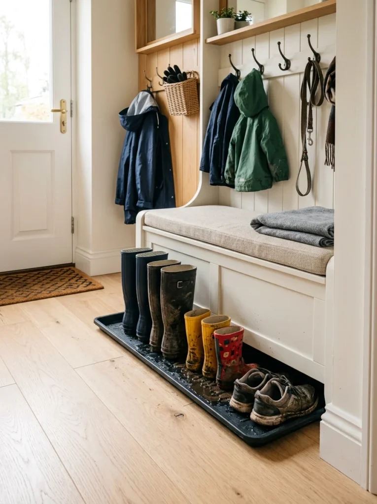 Boot tray beneath a mudroom bench containing wet and muddy family footwear.