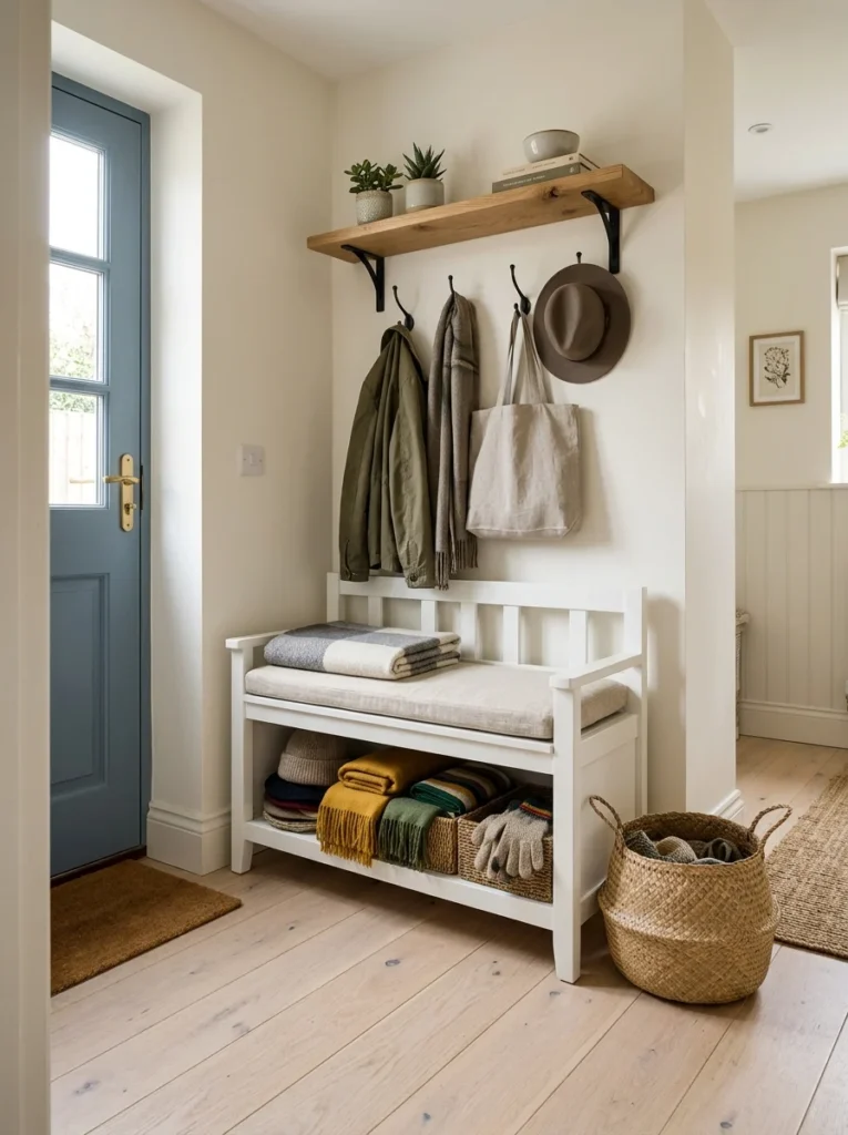 HEMNES-style storage bench providing seating and hidden mudroom storage.