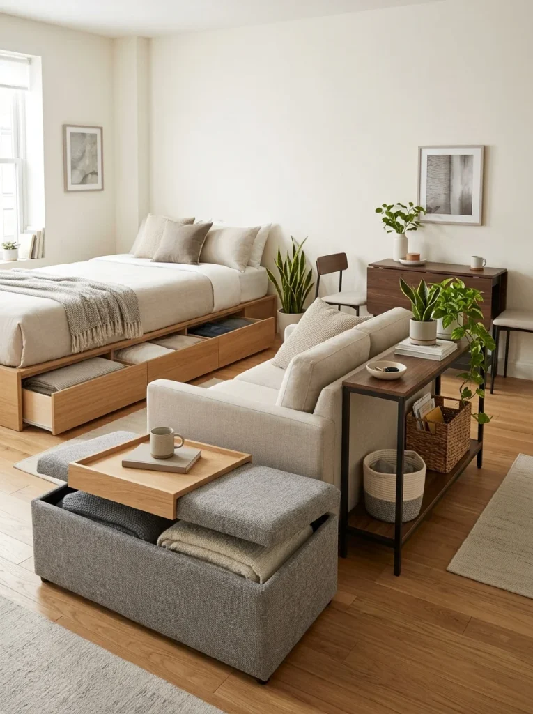 Small apartment using a storage ottoman, under-bed drawers, and other multifunctional furniture.