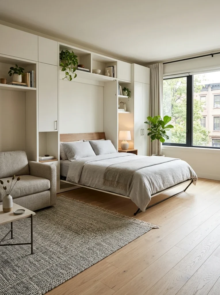Wall-mounted Murphy bed creating flexible sleeping and living space in a studio apartment.