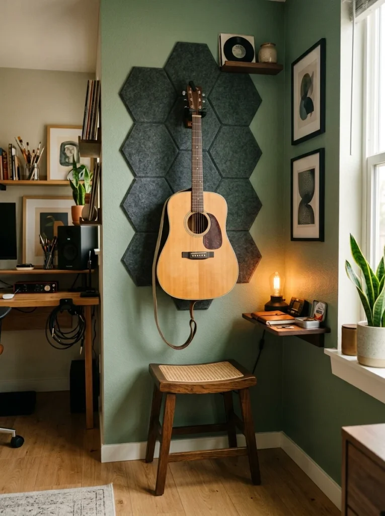 Hobby room music corner with wall-mounted guitar, stool, acoustic panels, and instrument accessories.