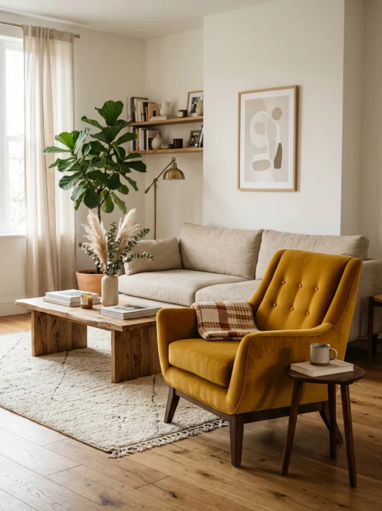 Mustard velvet statement chair adding personality to a neutral living room.