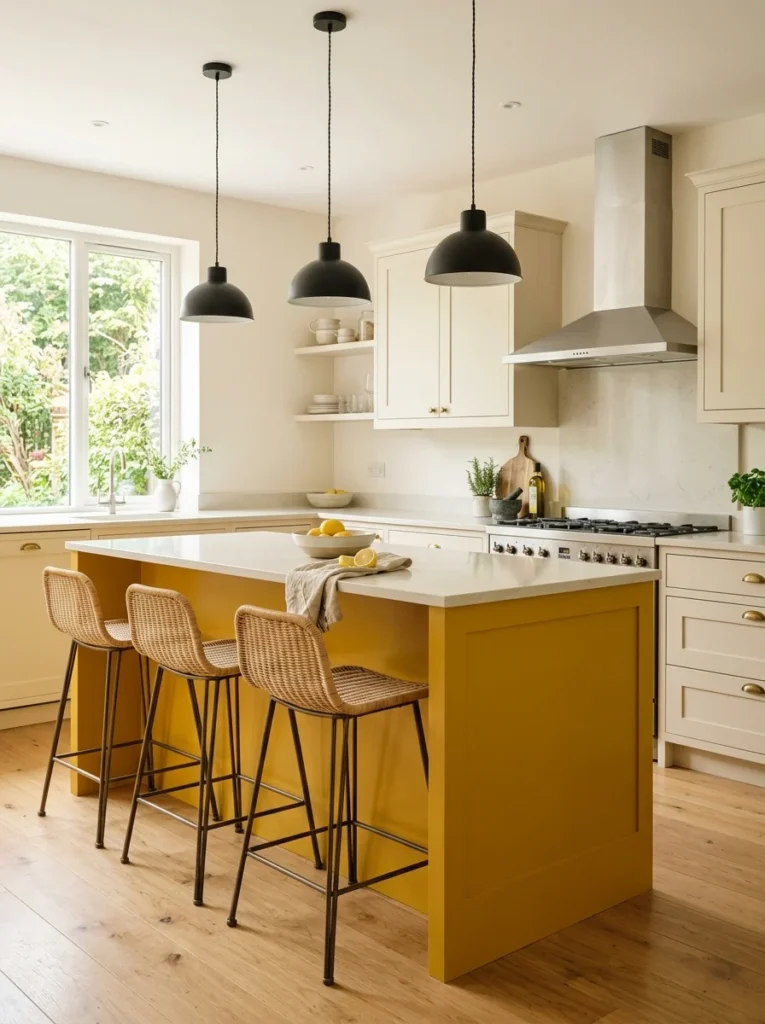 Mustard yellow kitchen island creating a bold focal point in a neutral kitchen.