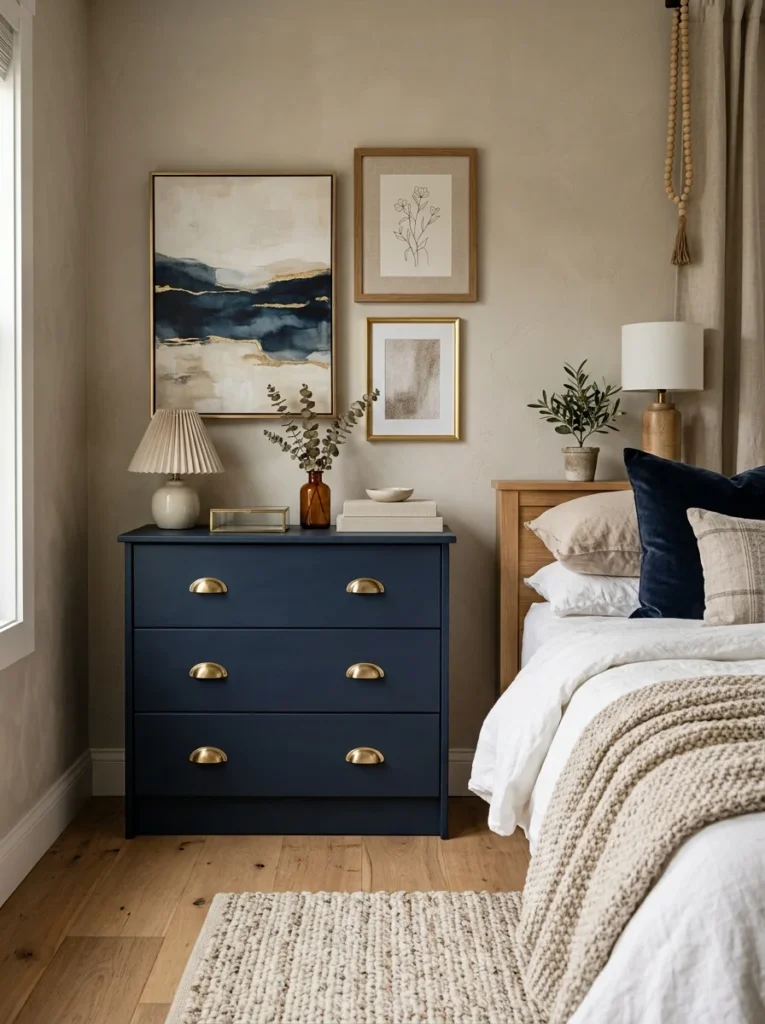 Navy-painted IKEA RAST dresser with brass hardware.