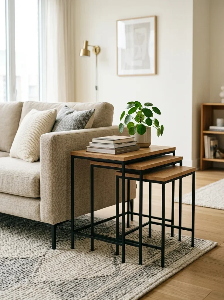 Lightweight nesting tables providing flexible surface space in a compact apartment living room.