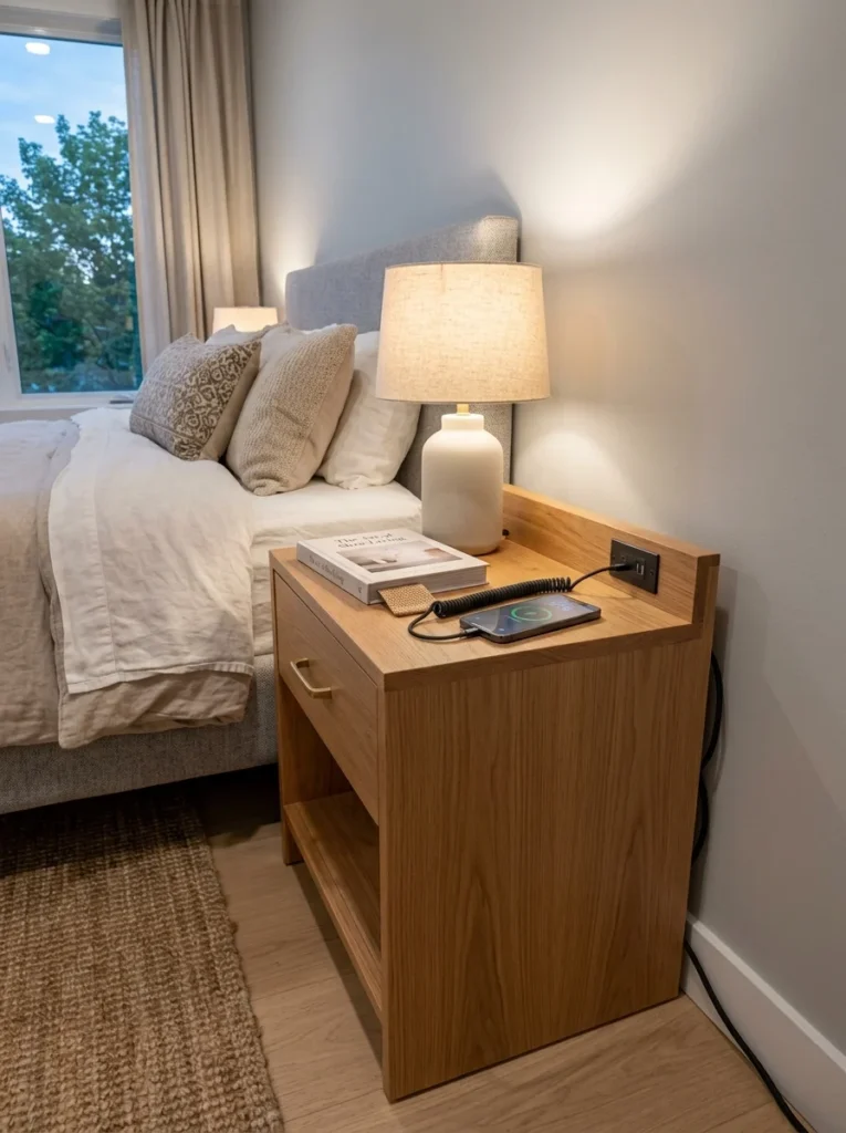 Bedroom nightstand with built-in charging ports and neatly organized device cables.
