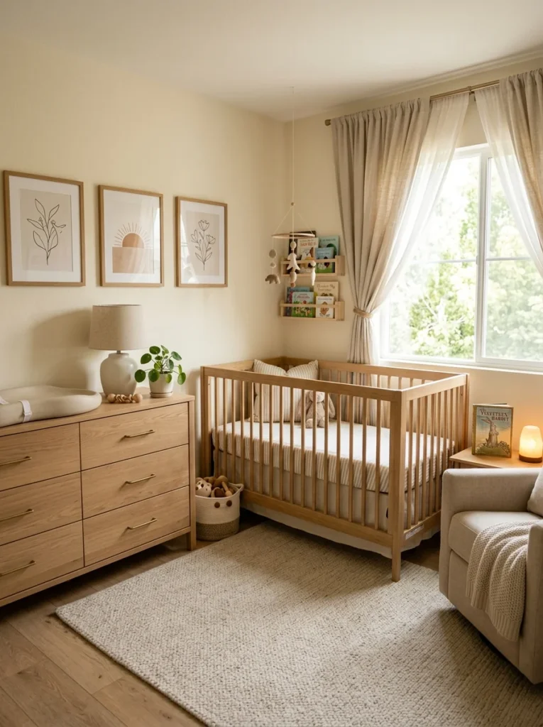 Convertible crib in a timeless nursery designed to grow with a child.