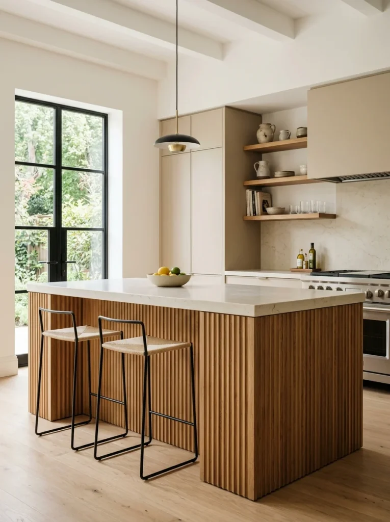 Kitchen island featuring vertical fluted wood detailing and warm natural textures.