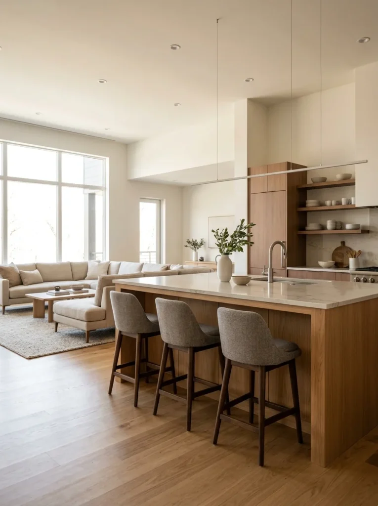 Kitchen island acting as a soft divider between an open kitchen and living room.