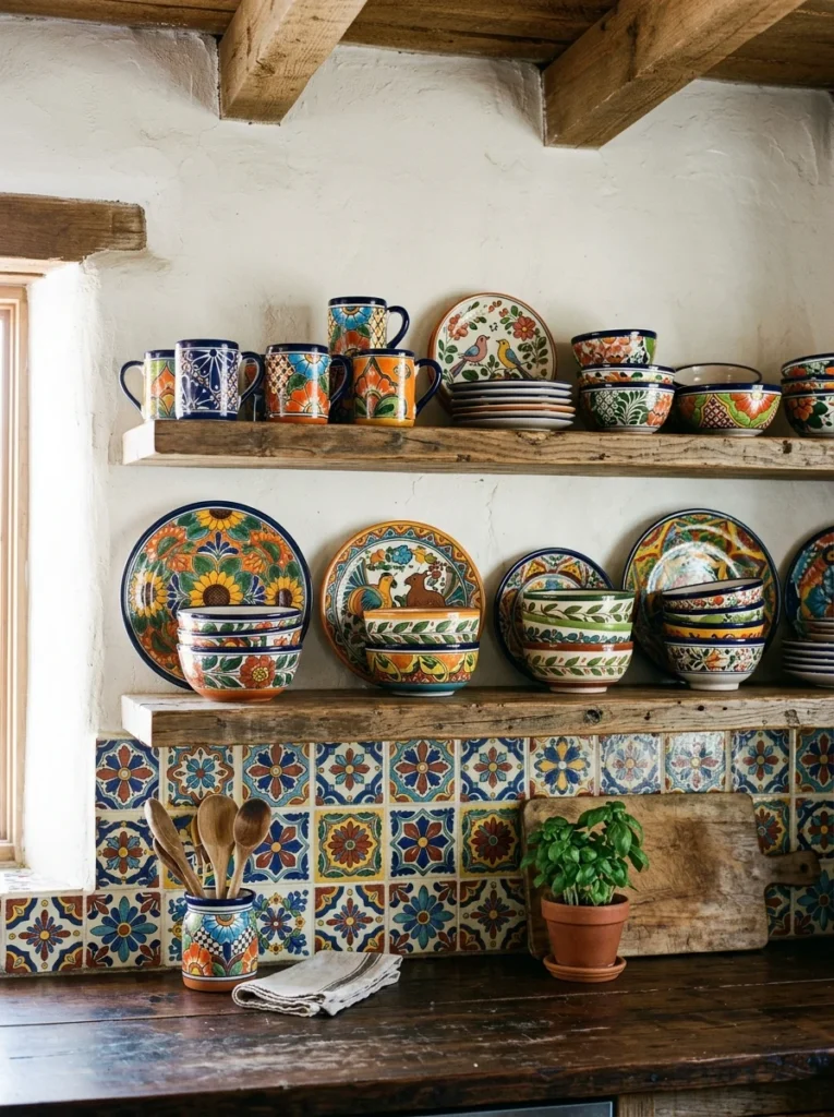 Open shelves displaying colorful Mexican ceramic dishes.