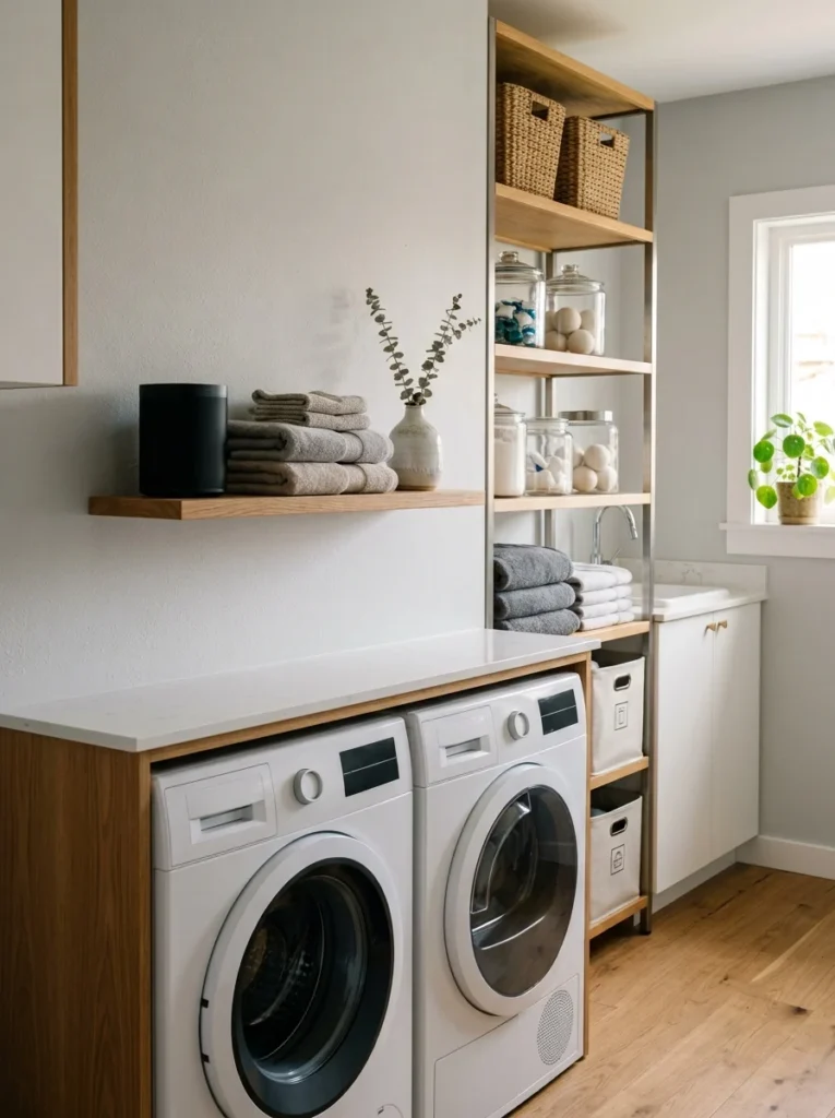Alt Text: Small built-in shelf with a speaker in an organized laundry room.