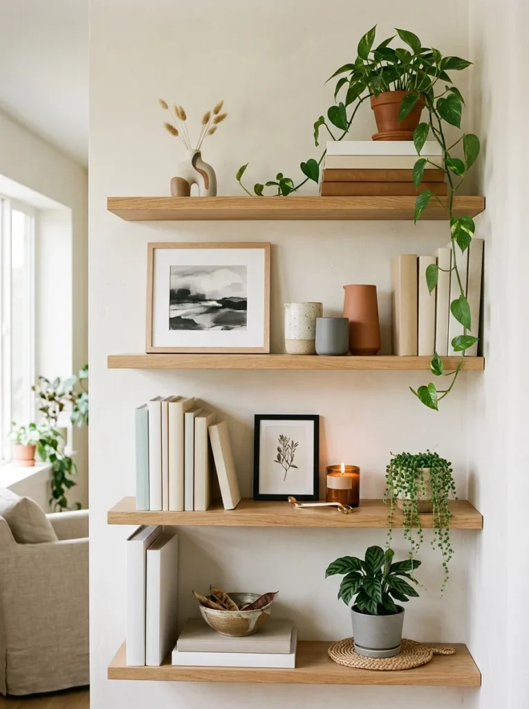 Beautifully styled open shelves with books and decor.