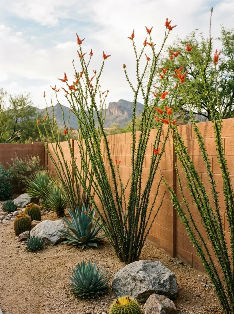 Tall ocotillo plants adding height along a desert backyard fence line.