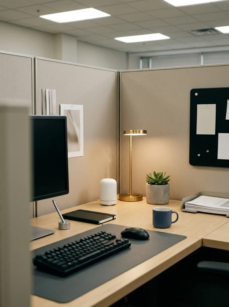 Small minimalist essential oil diffuser placed discreetly on a tidy office cubicle desk.