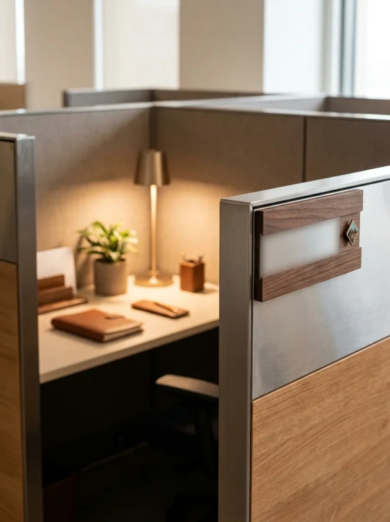 Personalized nameplate adding a polished decorative detail to the entrance of an office cubicle.