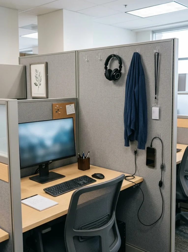 Removable cubicle wall hooks holding headphones and accessories to free up desk space.