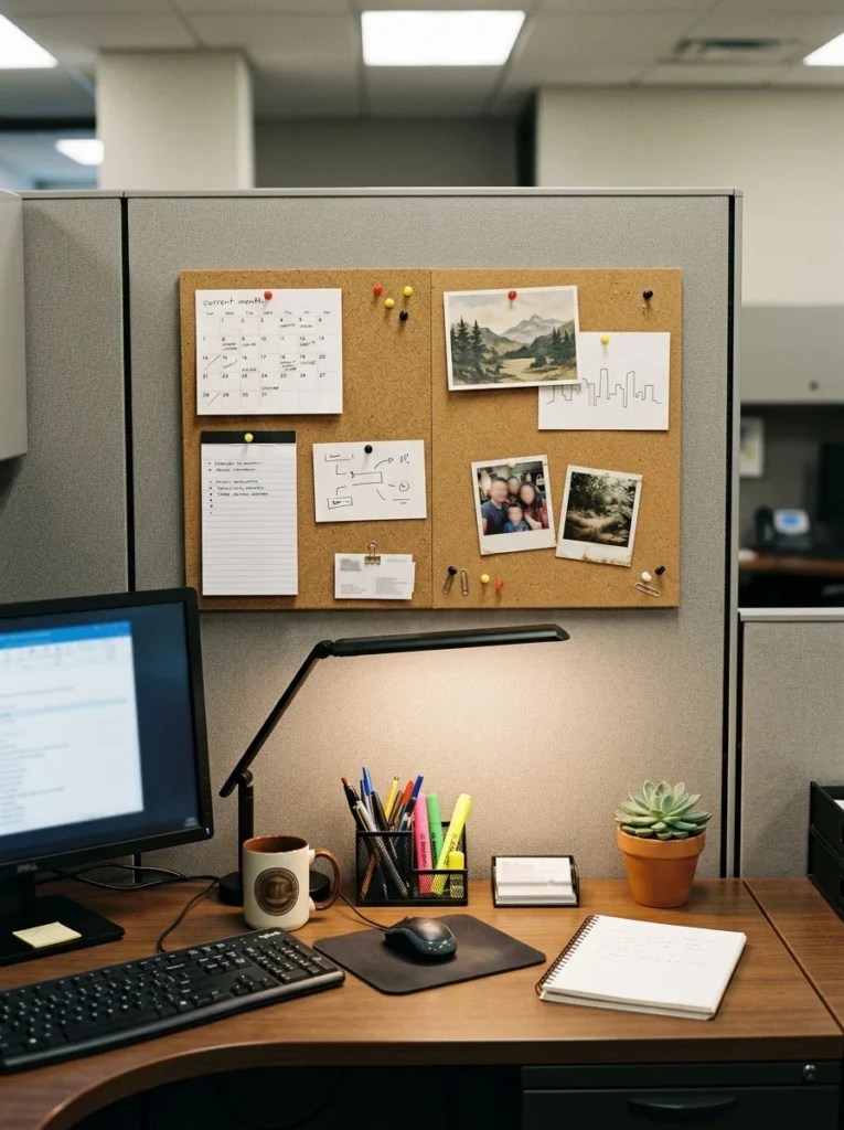 Cubicle corkboard displaying organized reminders, postcards, photos, and work notes above a desk.