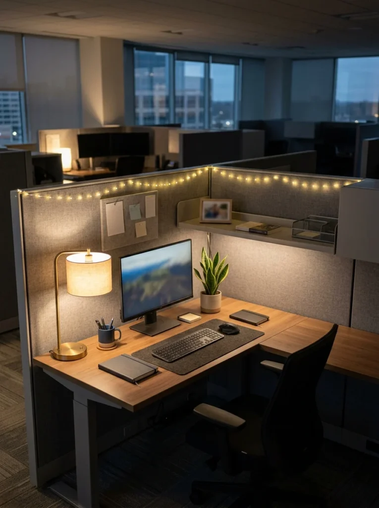 Warm white battery-operated string lights adding soft ambient lighting to an office cubicle.