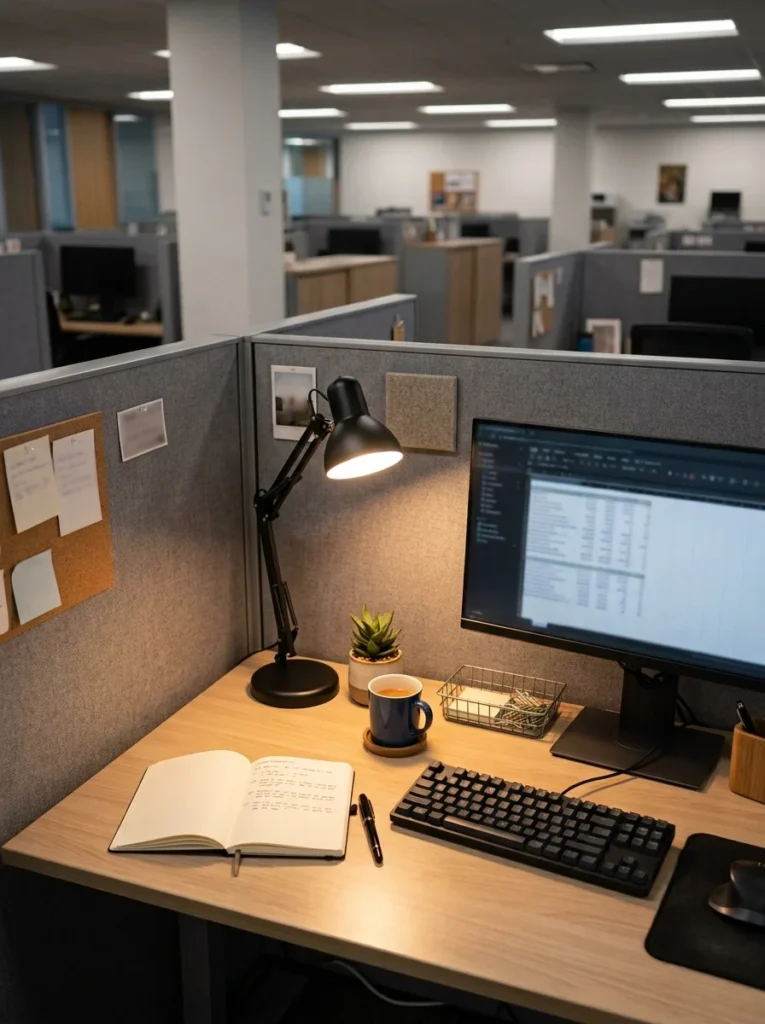 Office cubicle desk with a small adjustable lamp providing warm task lighting.