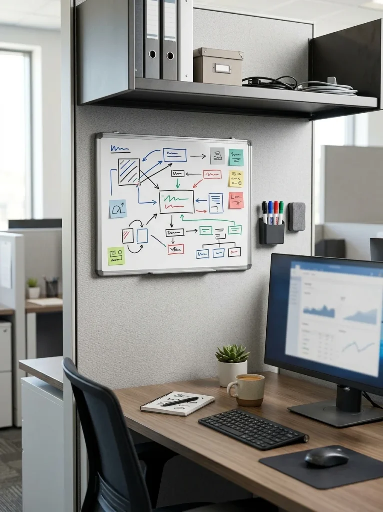 Small magnetic whiteboard with markers used for quick notes and planning in an office cubicle.