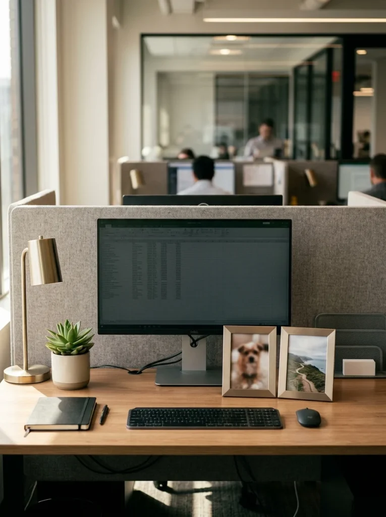 Two small coordinated photo frames adding a personal touch to a professional cubicle desk.