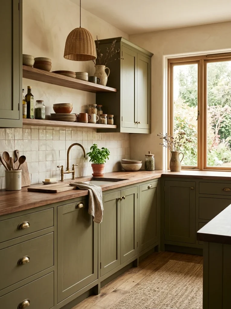 Small kitchen with warm off-white cabinets creating a bright and open feeling.