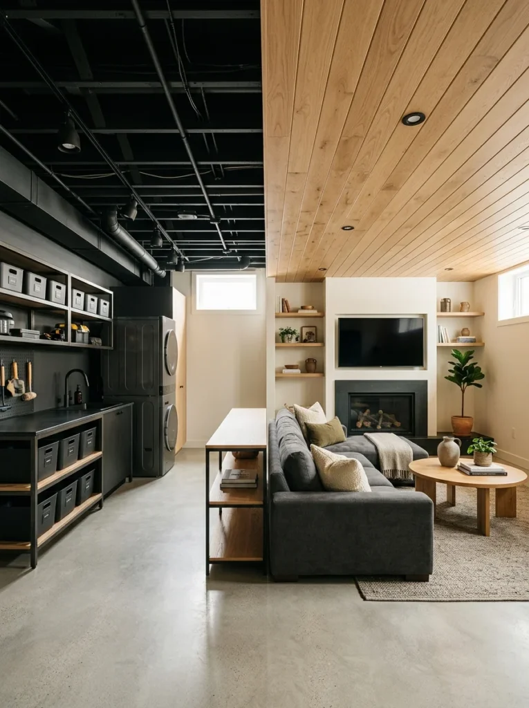 Mixed ceiling materials defining different basement zones.