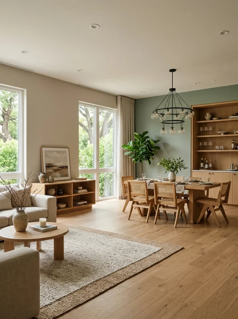 : Different paint colors separating living and dining areas.