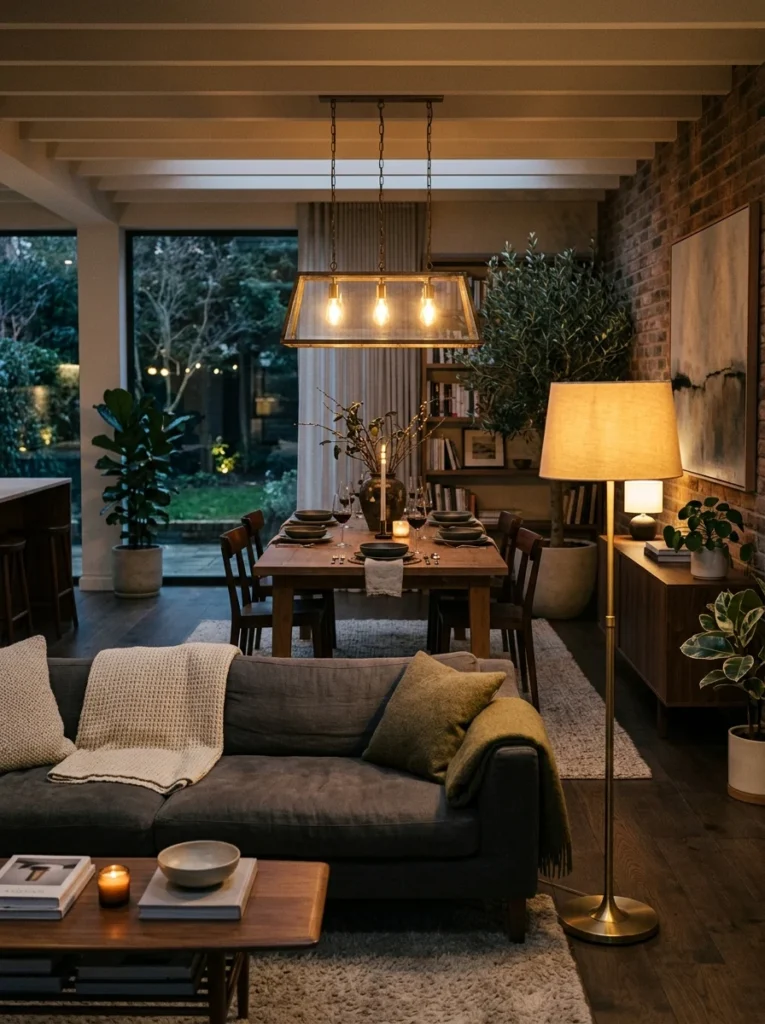 Different lighting styles for dining and living room zones.