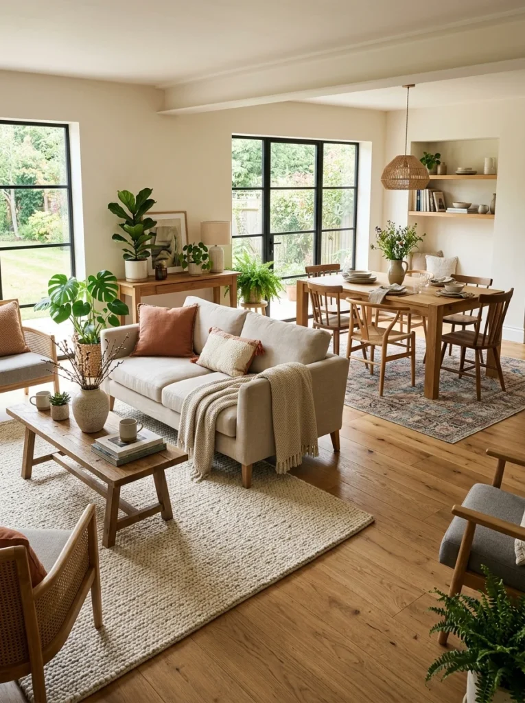 Two separate rugs defining living and dining zones in an open room.
