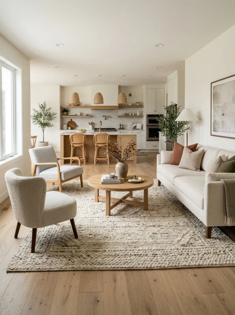 Large area rug defining the living room zone within an open-concept kitchen layout.