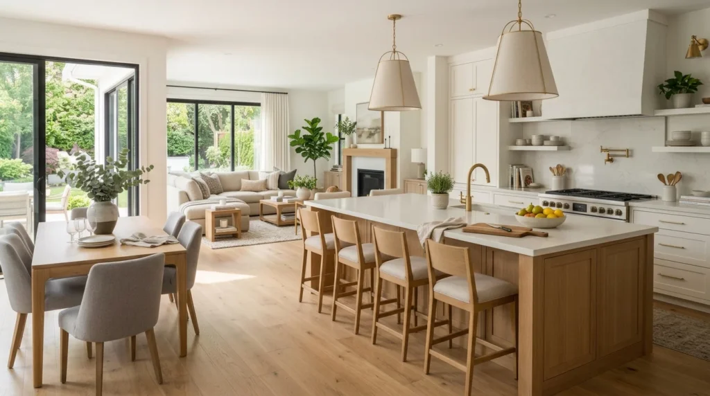 Bright open kitchen renovation with a large island connected to the living and dining areas.