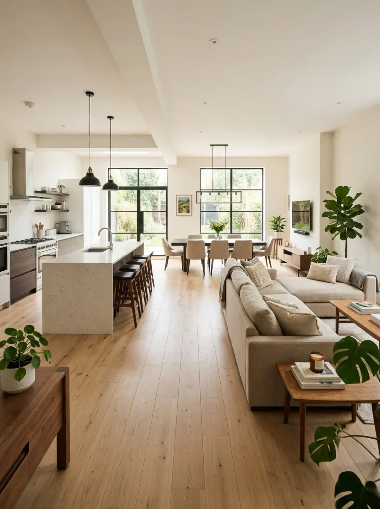 Consistent oak flooring flowing through an open kitchen and living space.