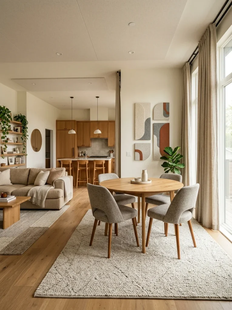Open-plan kitchen designed with rugs, curtains, and soft furnishings for acoustic comfort.