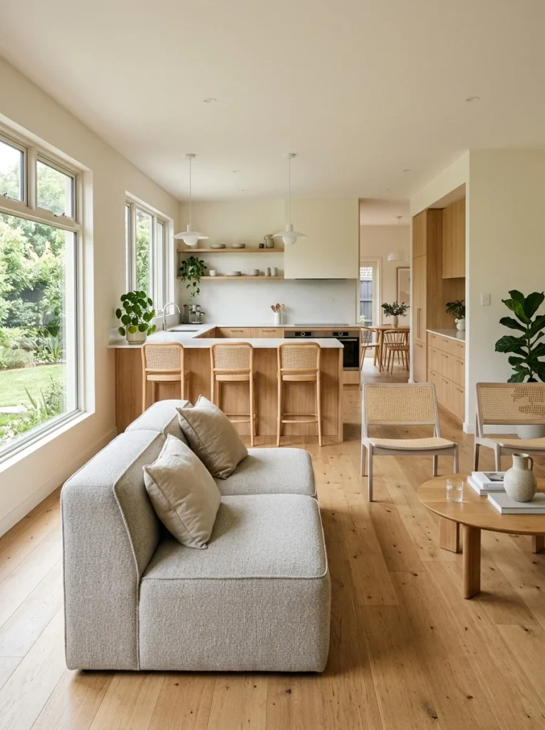 Low-profile living room furniture preserving open views toward the kitchen.