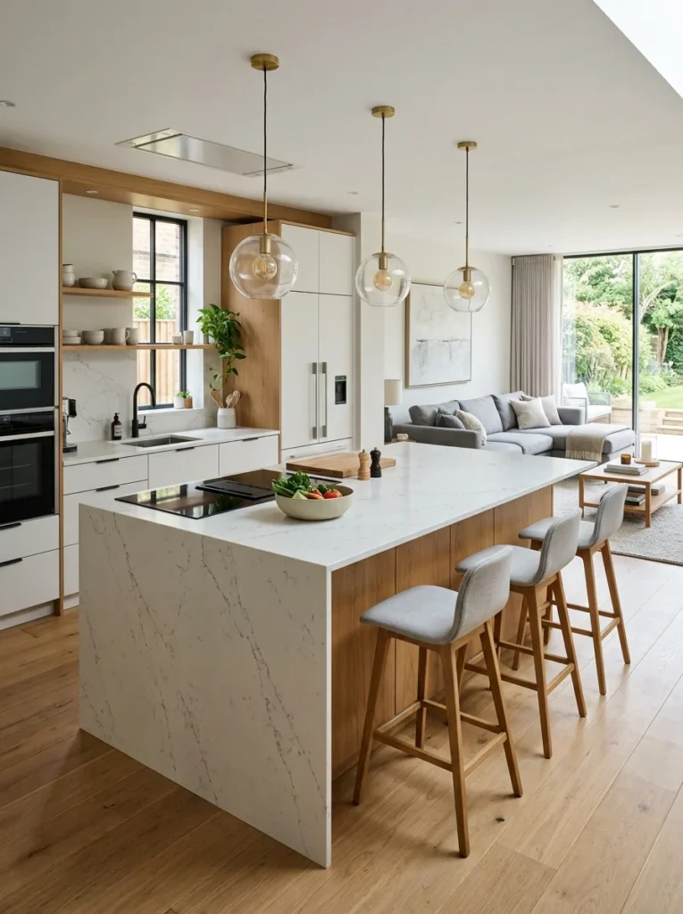 Large kitchen island connecting an open kitchen with the living area.