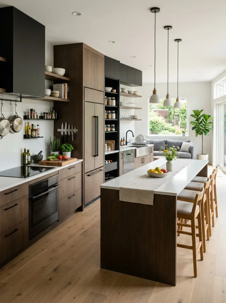 Open kitchen designed with practical cooking, preparation, cleaning, and social zones.