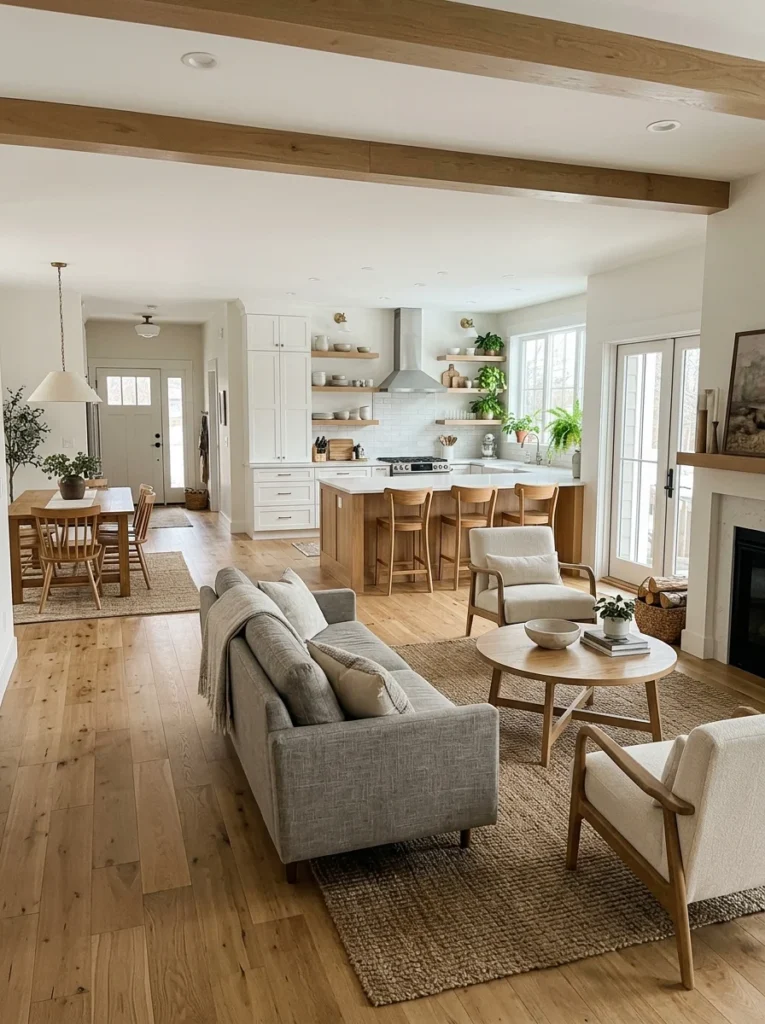 Open kitchen and living room arranged with clear walking paths between each functional zone.
