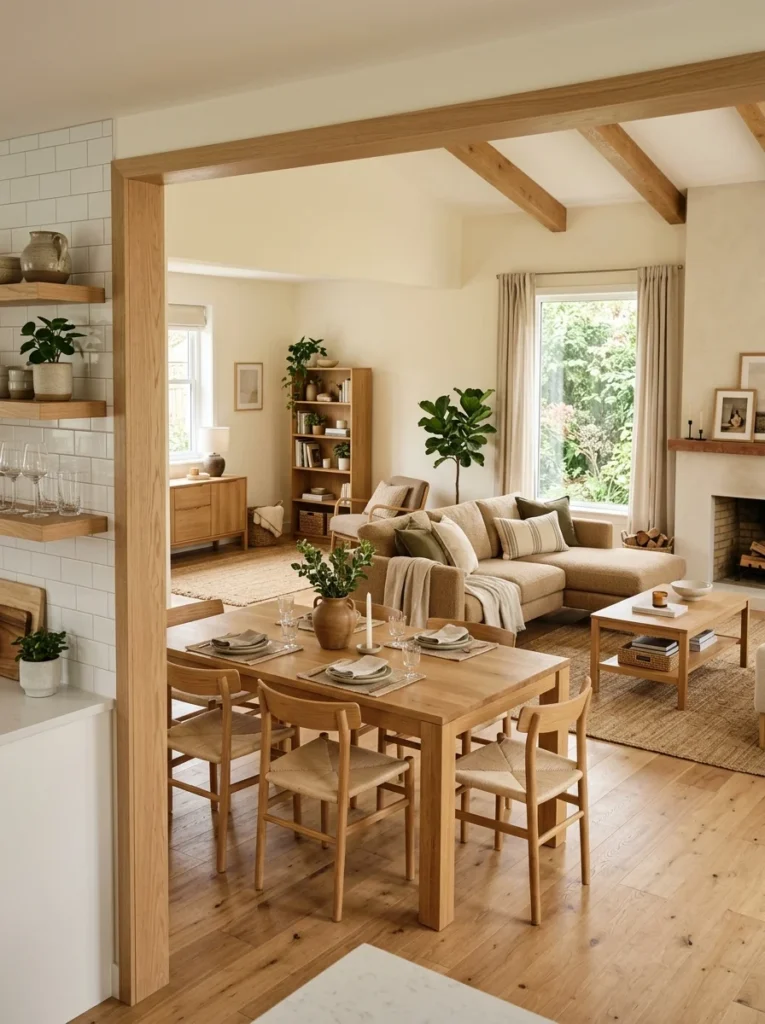 Dining table placed close to the kitchen in an open layout.