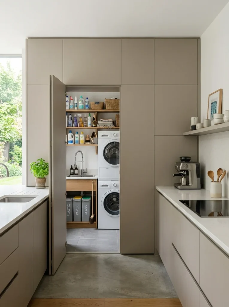 Concealed utility area keeping an open kitchen clean and organized.