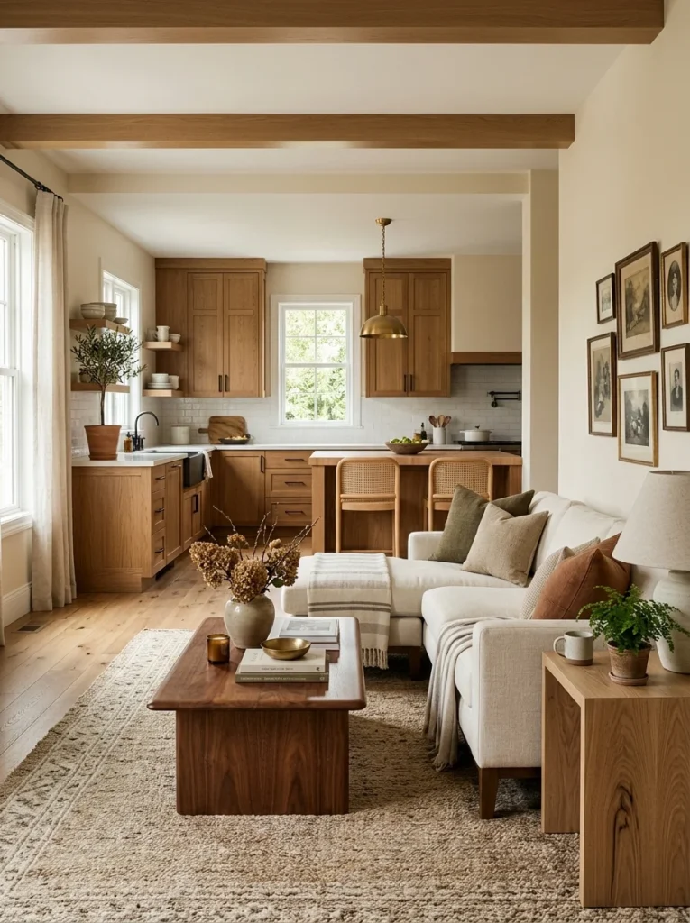 Complementary wood tones coordinating kitchen cabinetry and living room furniture.