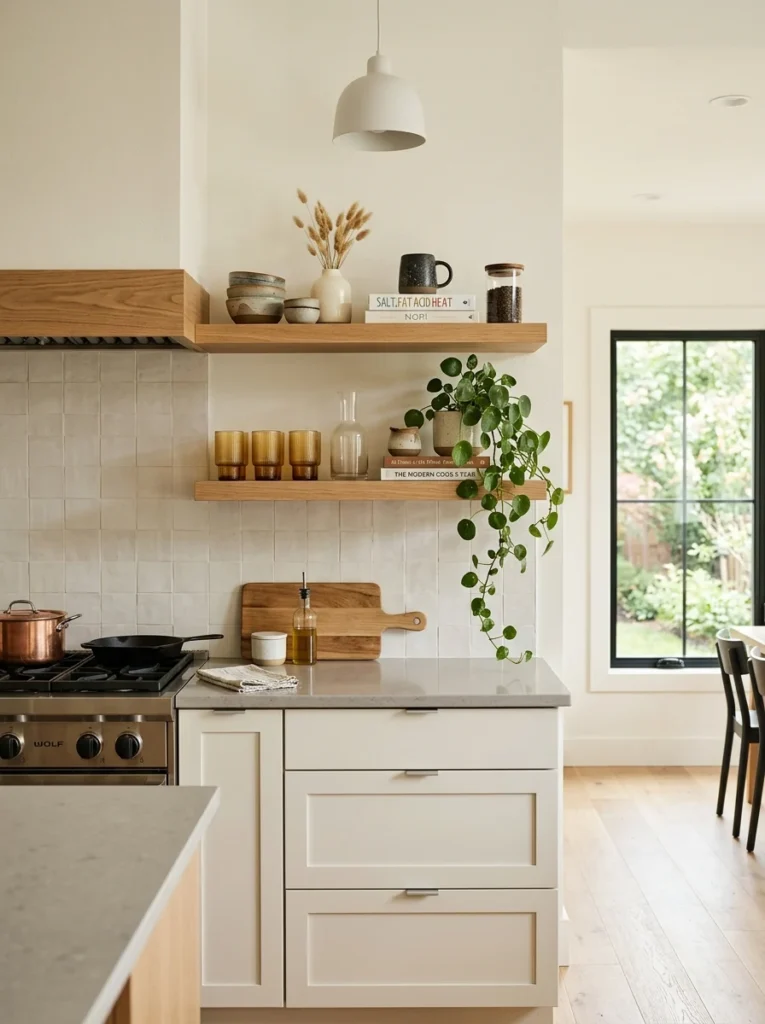 Strategically styled open shelves in a contemporary kitchen.