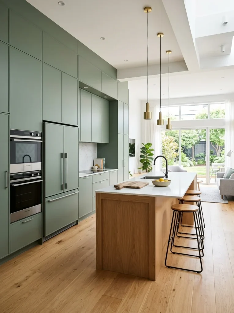 Floor-to-ceiling pantry wall providing storage in an open kitchen.