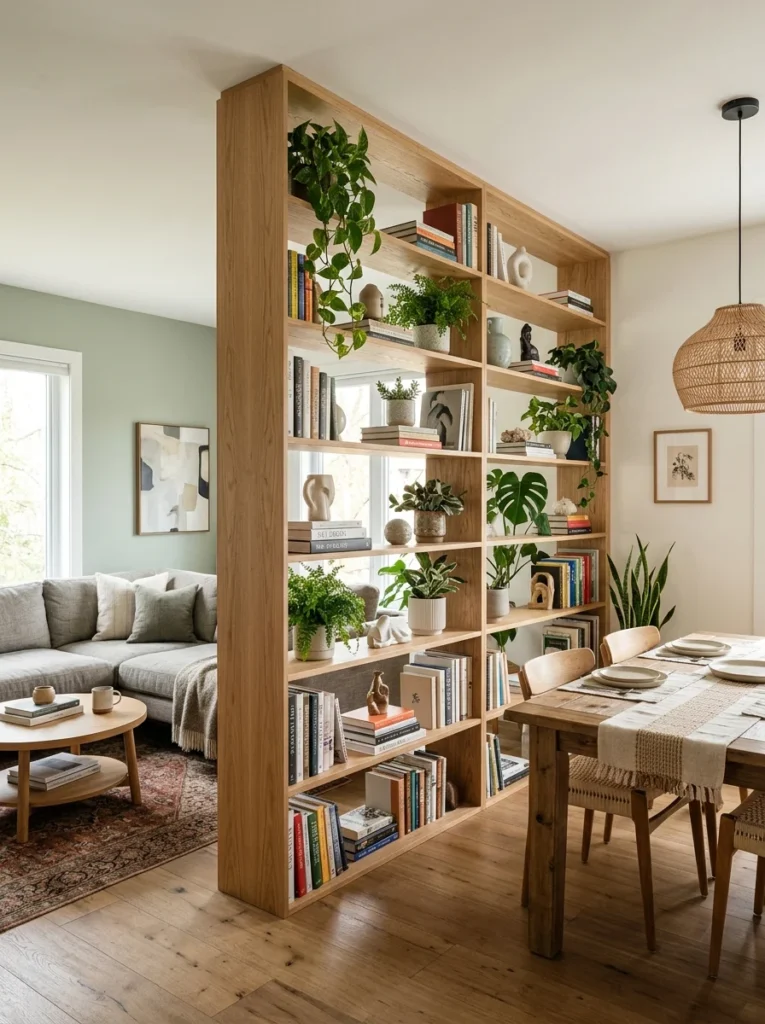 Open bookshelf dividing living and dining spaces without blocking light.