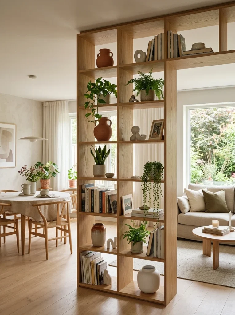 en shelving unit separating living room and dining room.