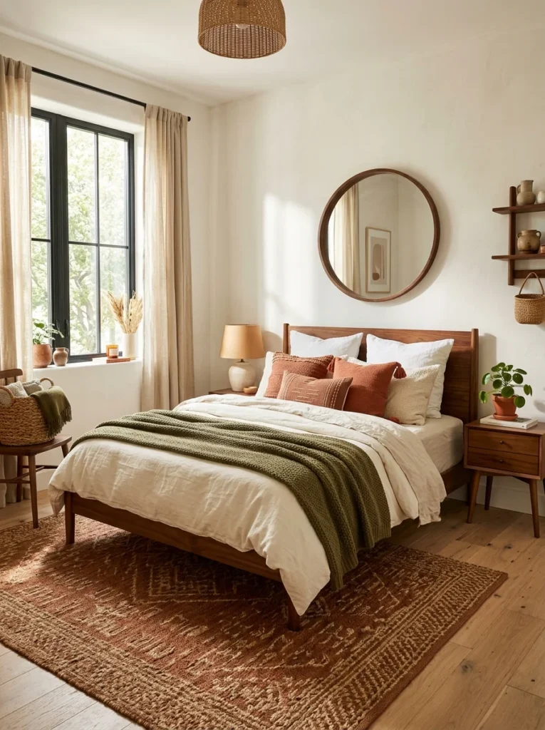 Bedroom layered with terracotta, olive, rust, and natural textures.
