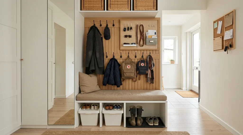 Narrow IKEA mudroom with wardrobe, storage bench, shoe bins, hooks, pegboard, and organized entryway storage.